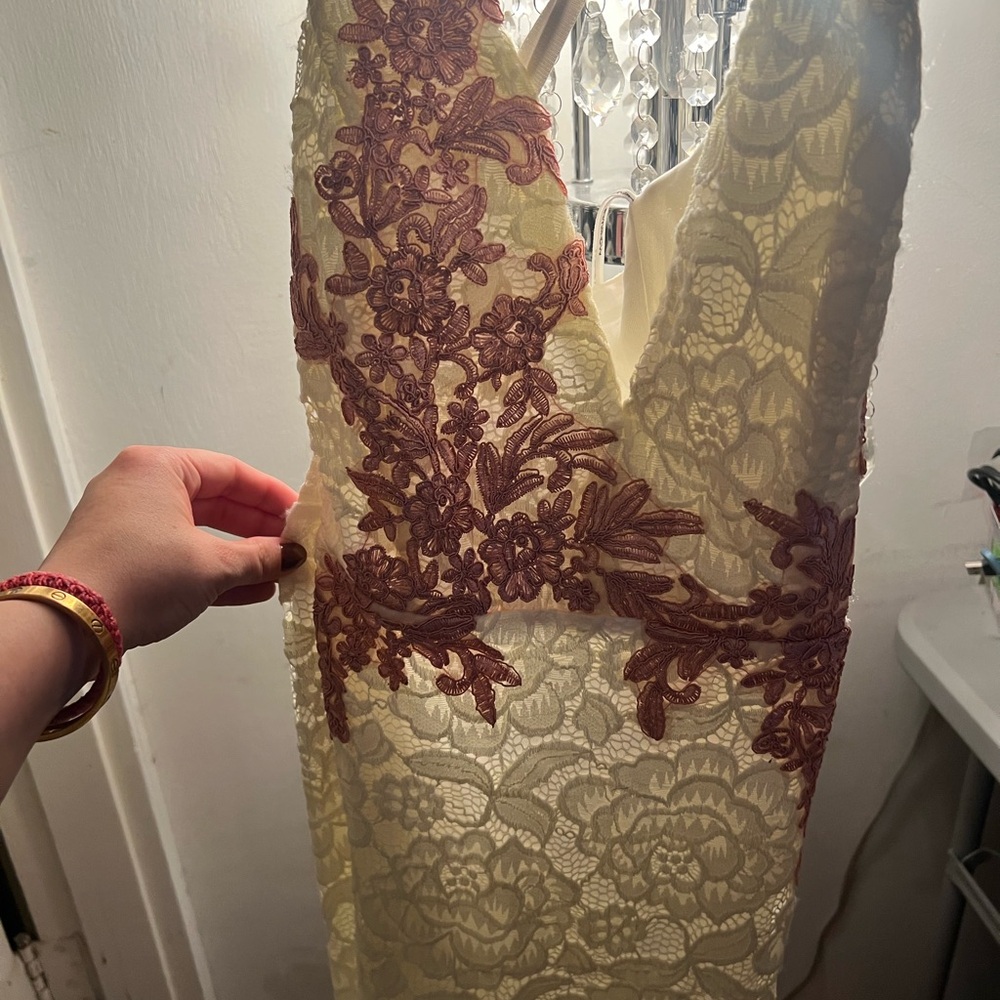 Fashion Nova Cream and Brown Lace Backless Dress